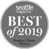 A gray circular badge reads "Seattle magazine Best of 2019, Readers' Choice Winner."